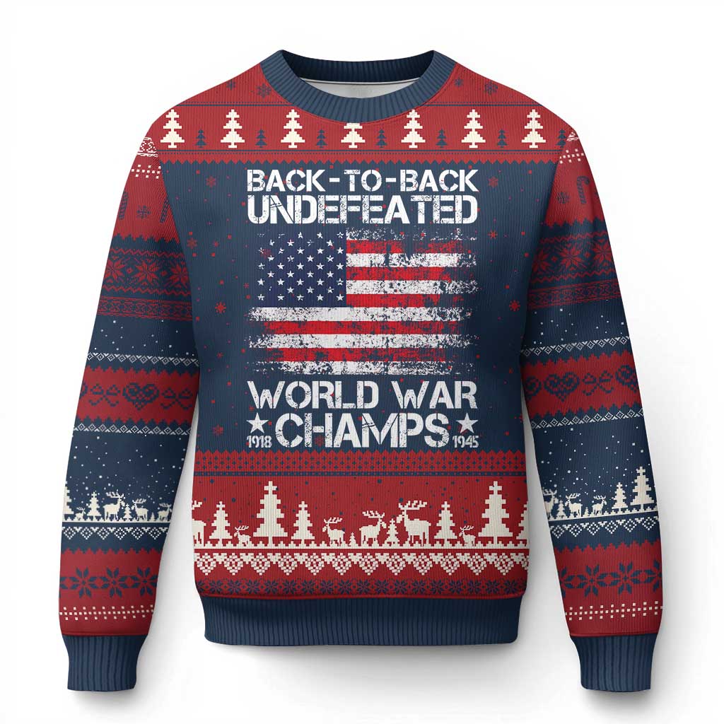 Back To Back Undefeated World War Champs 4th Of July Ugly Christmas Sweater 1918 1945 US History TS11 Navy Red Print Your Wear