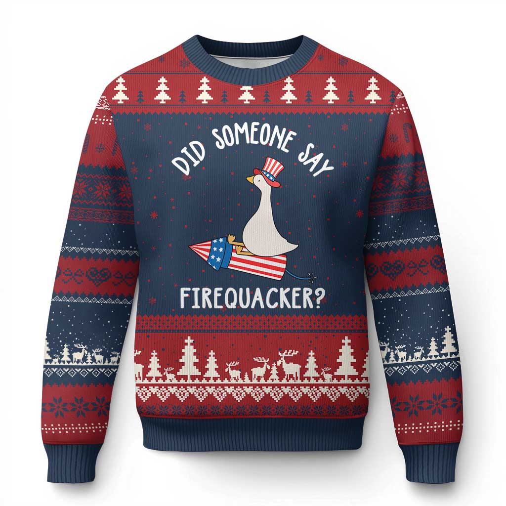 Patriotic Silly Goose 4th of July Ugly Christmas Sweater Did Someone Say Firequacker TS11 Navy Red Print Your Wear