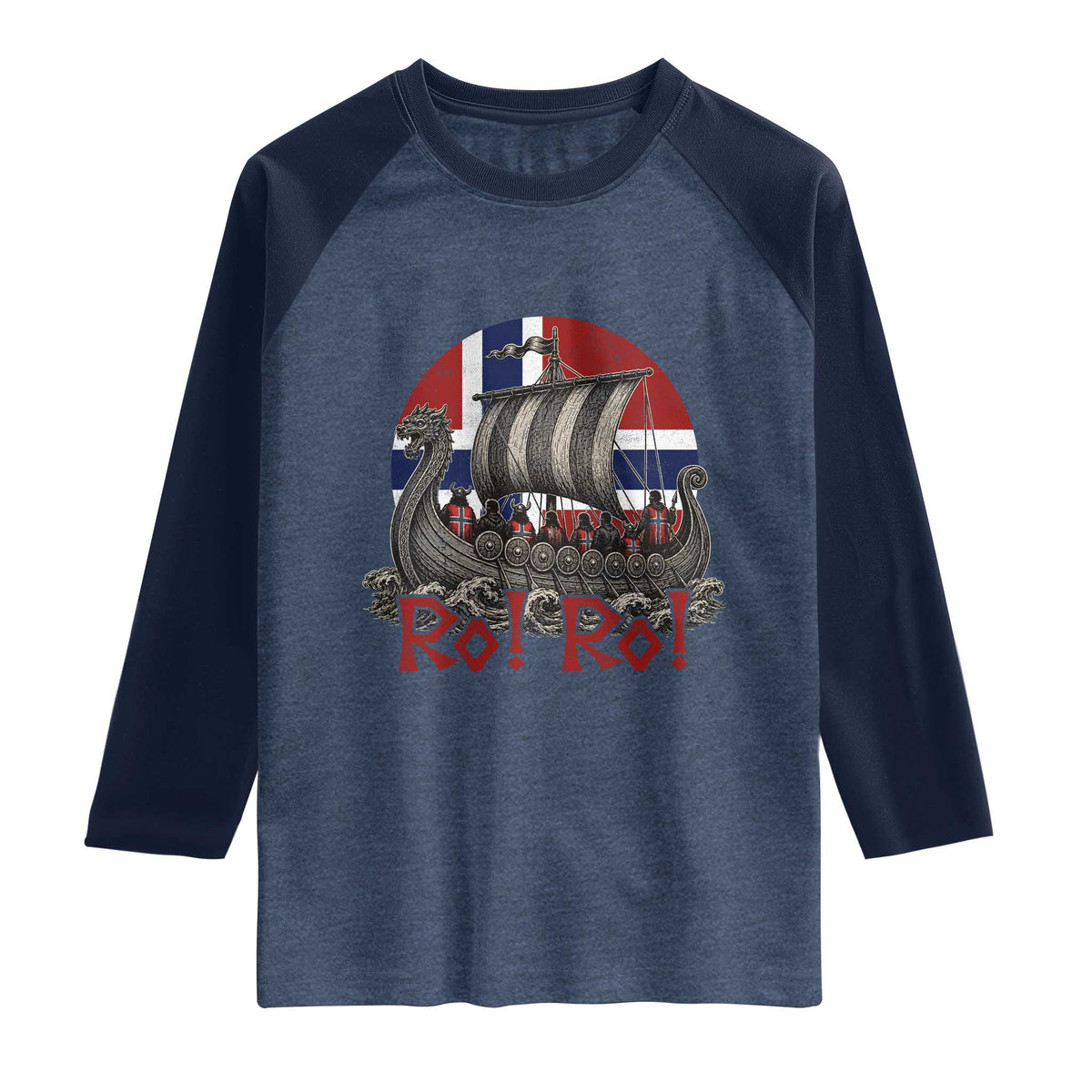 Ro Ro Norway Raglan Shirt Norwegian Viking Row Longship Norge Football Fan TS11 Heather Denim Navy Print Your Wear