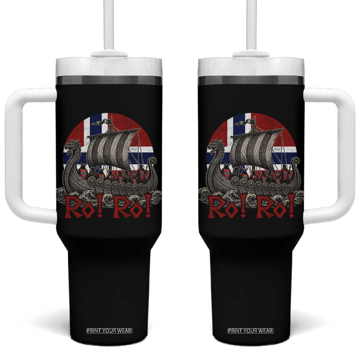 Ro Ro Norway Tumbler With Handle Norwegian Viking Row Longship Norge Football Fan TS11 One Size: 40 oz Black Print Your Wear