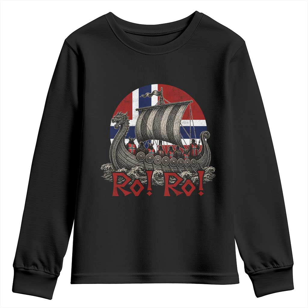 Ro Ro Norway Youth Sweatshirt Norwegian Viking Row Longship Norge Football Fan TS11 Black Print Your Wear