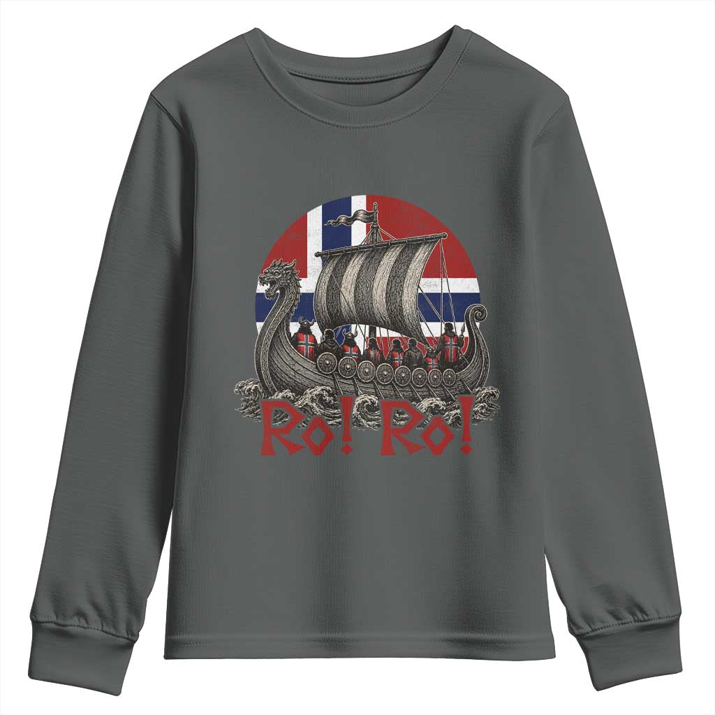 Ro Ro Norway Youth Sweatshirt Norwegian Viking Row Longship Norge Football Fan TS11 Dark Heather Print Your Wear