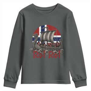 Ro Ro Norway Youth Sweatshirt Norwegian Viking Row Longship Norge Football Fan TS11 Dark Heather Print Your Wear