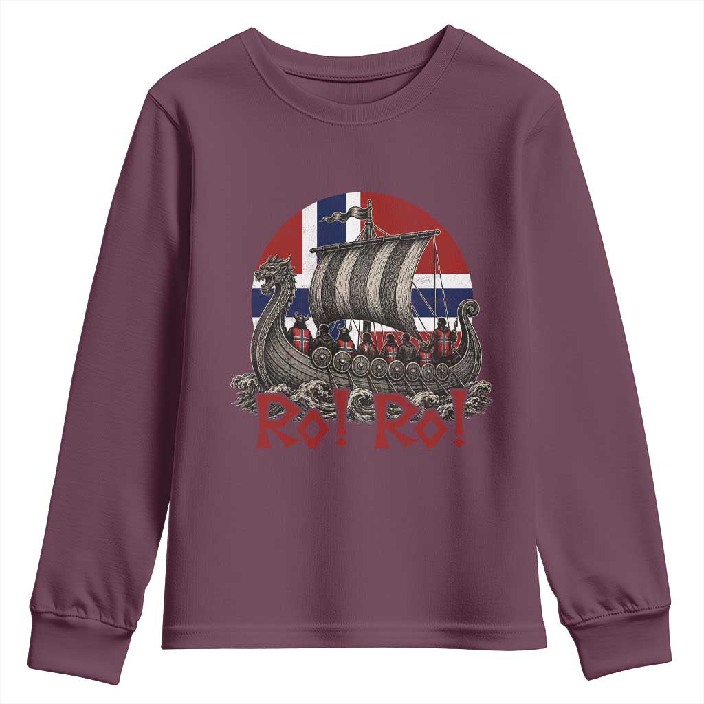 Ro Ro Norway Youth Sweatshirt Norwegian Viking Row Longship Norge Football Fan TS11 Maroon Print Your Wear
