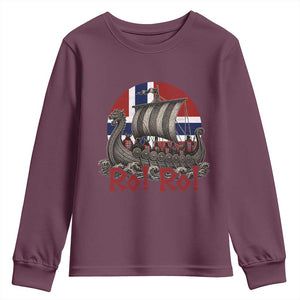 Ro Ro Norway Youth Sweatshirt Norwegian Viking Row Longship Norge Football Fan TS11 Maroon Print Your Wear