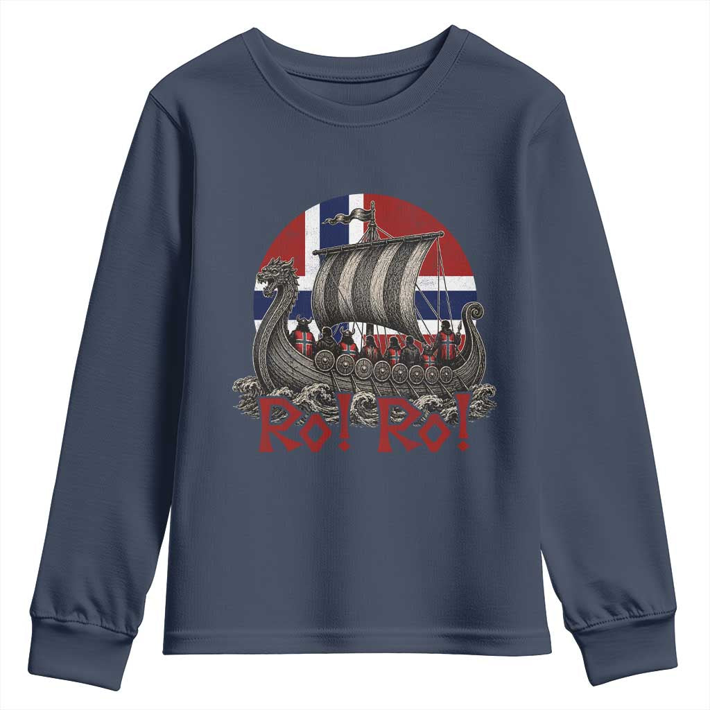Ro Ro Norway Youth Sweatshirt Norwegian Viking Row Longship Norge Football Fan TS11 Navy Print Your Wear