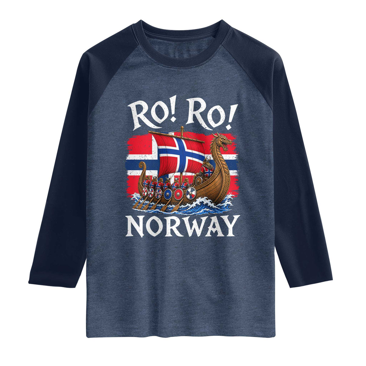 Ro Ro Norway Viking Row Raglan Shirt Norwegian Flag Longship for Norge Football Fan TS11 Heather Denim Navy Print Your Wear