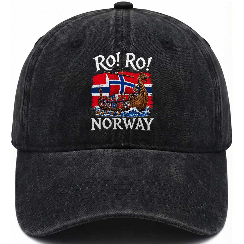 Ro Ro Norway Viking Row Washed Cotton Baseball Cap Norwegian Flag Longship for Norge Football Fan TS11 Print Your Wear