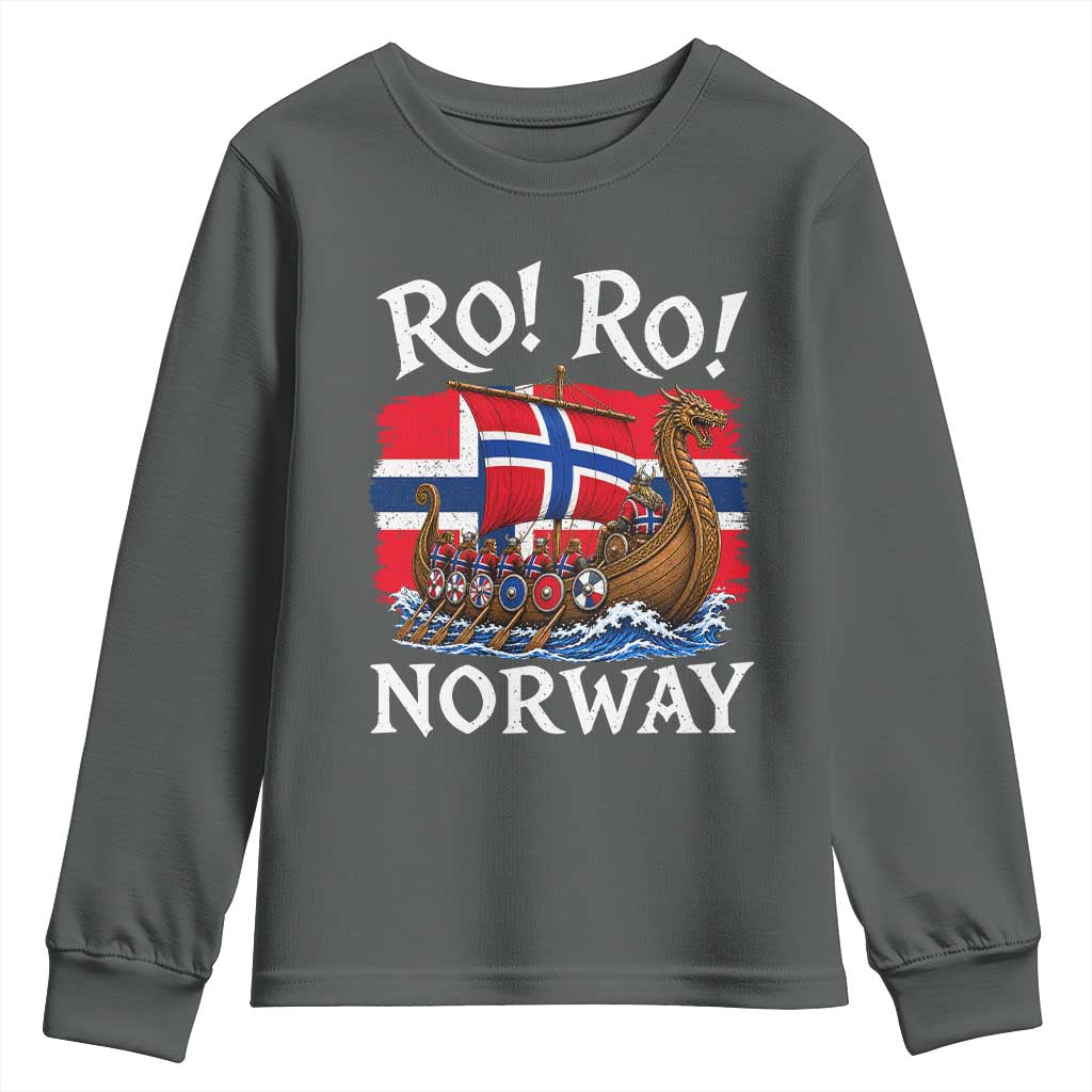 Ro Ro Norway Viking Row Youth Sweatshirt Norwegian Flag Longship for Norge Football Fan TS11 Dark Heather Print Your Wear