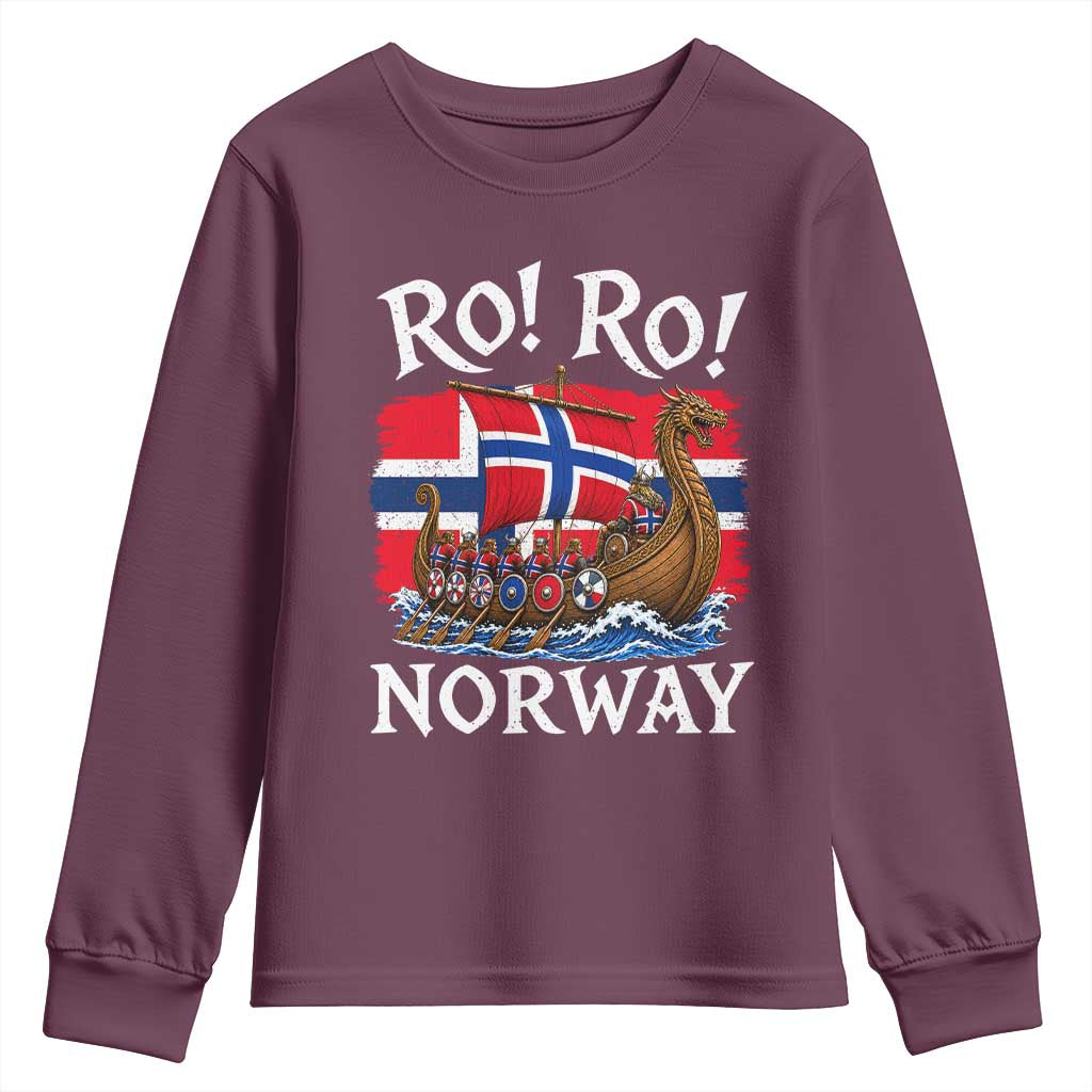 Ro Ro Norway Viking Row Youth Sweatshirt Norwegian Flag Longship for Norge Football Fan TS11 Maroon Print Your Wear