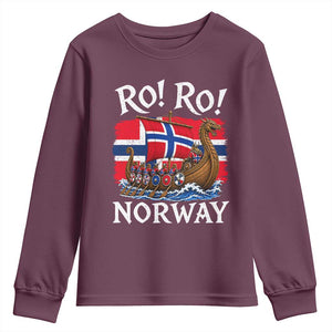Ro Ro Norway Viking Row Youth Sweatshirt Norwegian Flag Longship for Norge Football Fan TS11 Maroon Print Your Wear