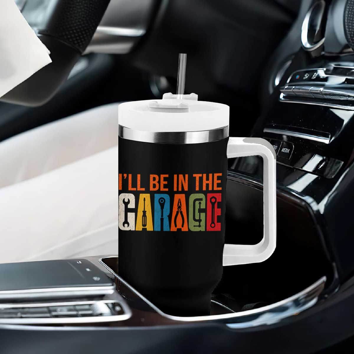 I Will Be In The Garage Funny Car Mechanic Tumbler With Handle Dad Joke Handyman Mechanics Tool