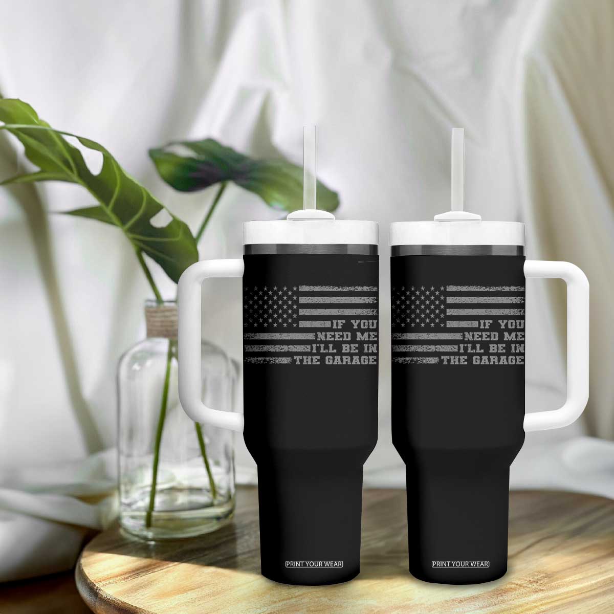 If You Need Me I Will Be In The Garage Funny Mechanic Tumbler With Handle Vintage American Flag
