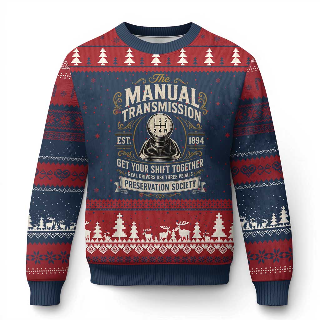 The Manual Transmission Preservation Society Get Your Shift Together Ugly Christmas Sweater Funny Manual Car Guy