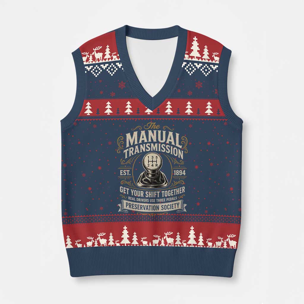 The Manual Transmission Preservation Society Get Your Shift Together V-Neck Knit Sweater Vest Funny Manual Car Guy TS11 Navy Red Print Your Wear