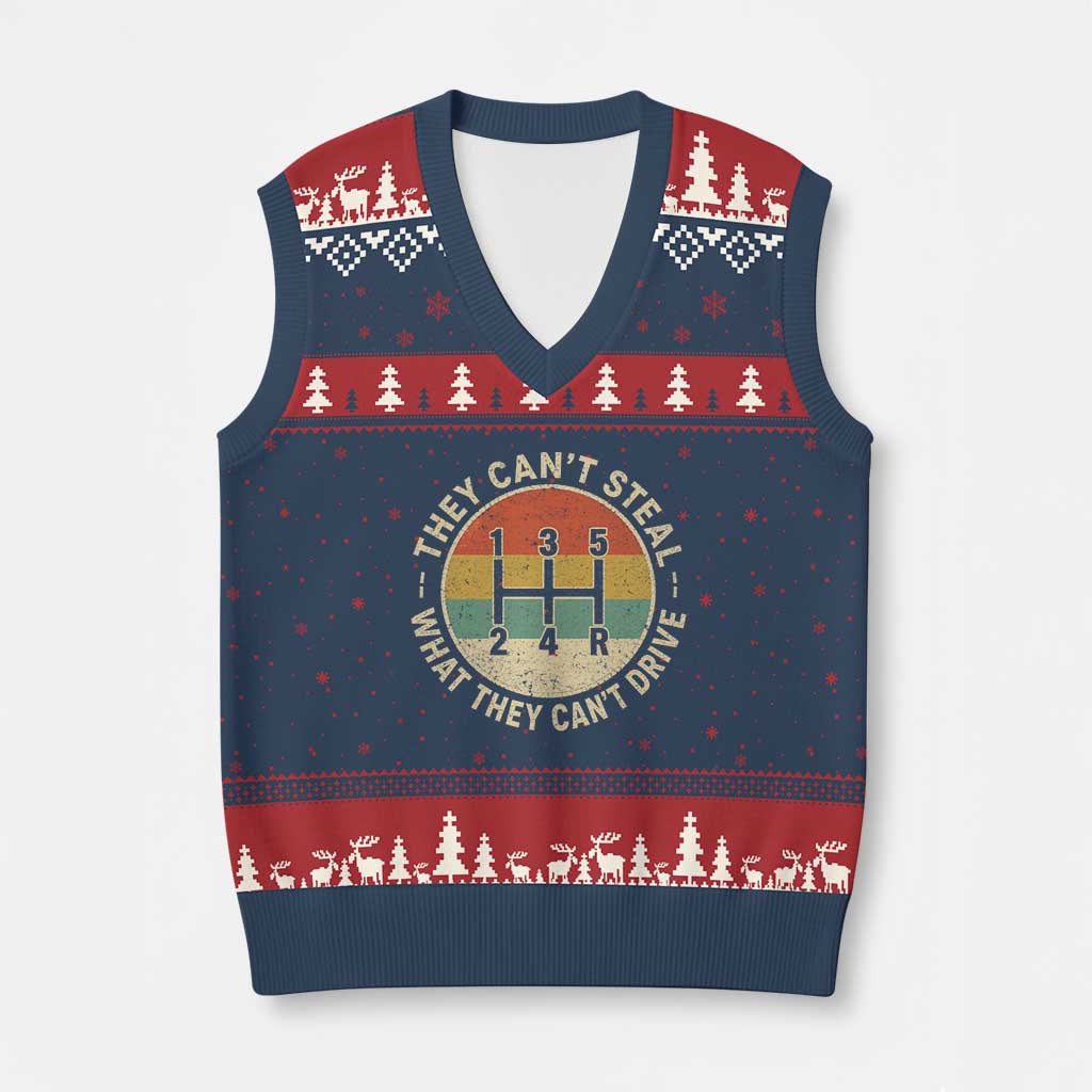 They Can't Steal What They Can't Drive V-Neck Knit Sweater Vest Funny Stick Shift Manual Car TS11 Navy Red Print Your Wear