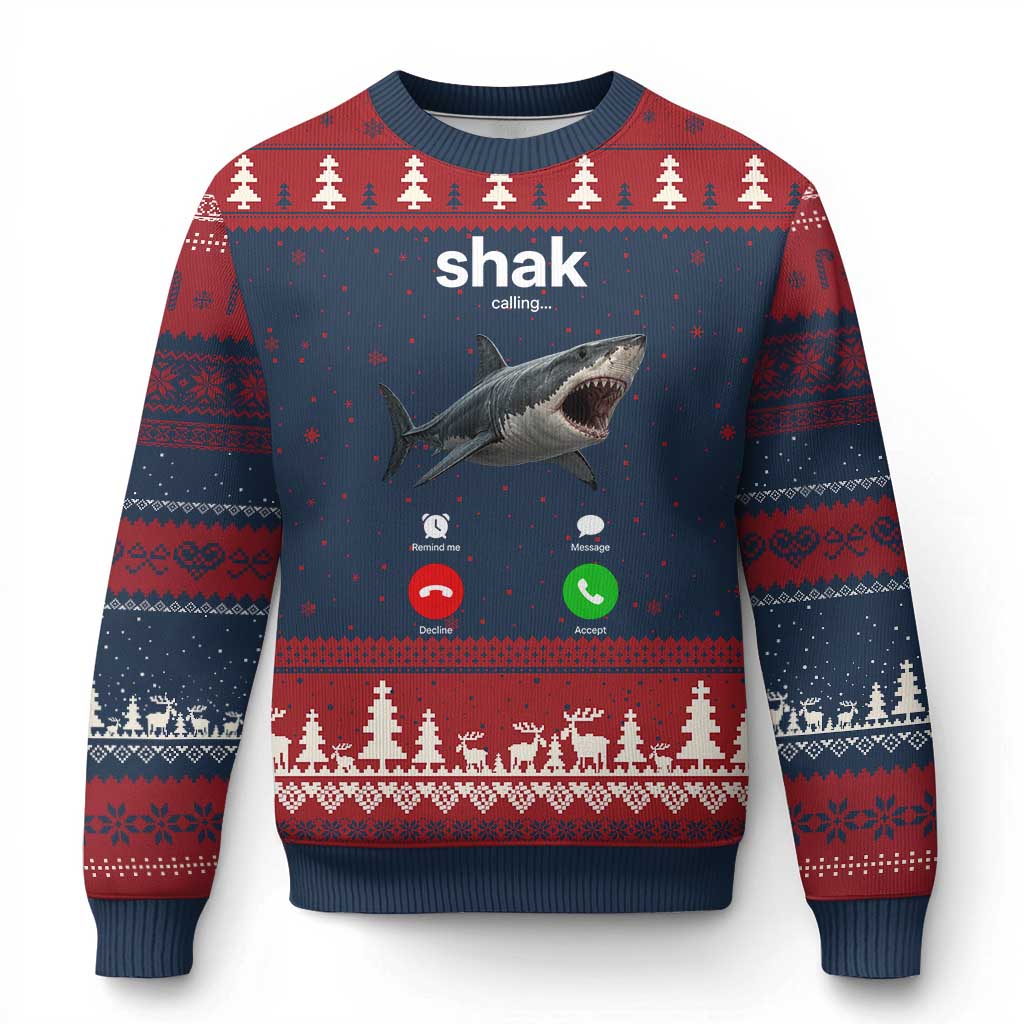 Shark Calling Meme Mispelled Shak Incoming Call Humor Ugly Christmas Sweater TS11 Navy Red Print Your Wear