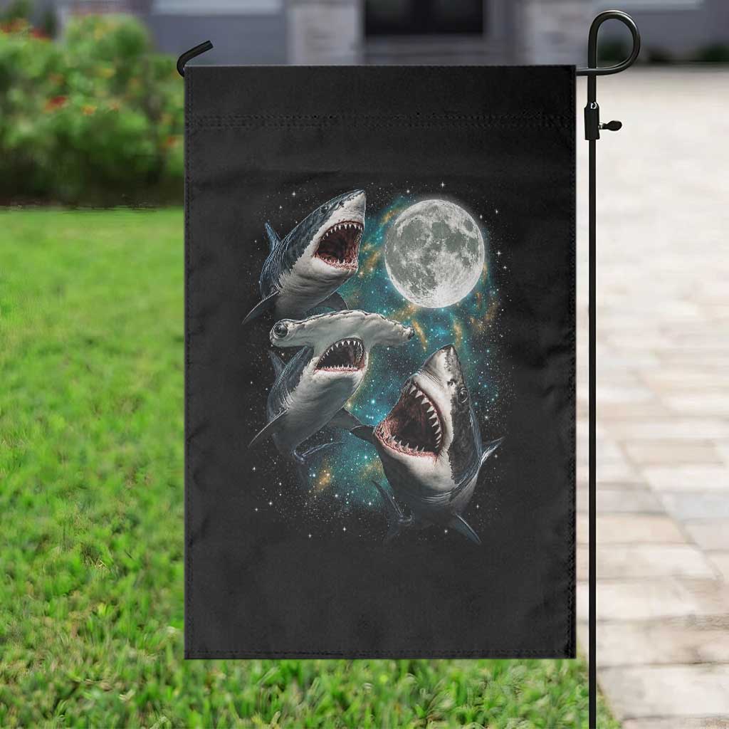 Funny Sharks Howling at Moon Garden Flag Funny Great White Sharks and Hammerhead Shark