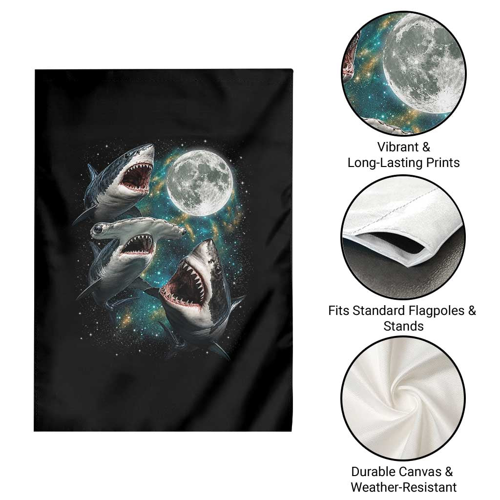 Funny Sharks Howling at Moon Garden Flag Funny Great White Sharks and Hammerhead Shark