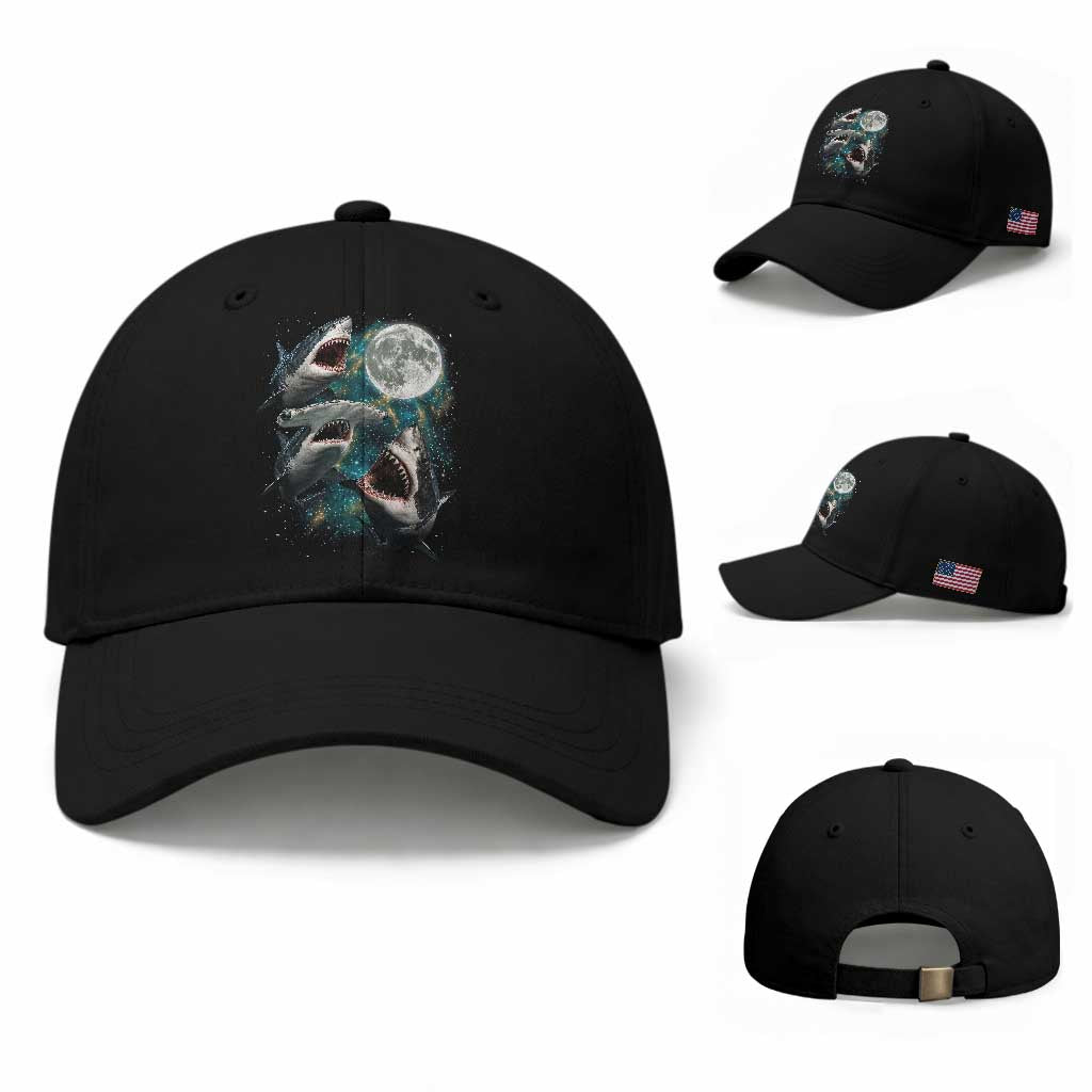 Funny Sharks Howling at Moon Baseball Cap Funny Great White Sharks and Hammerhead Shark