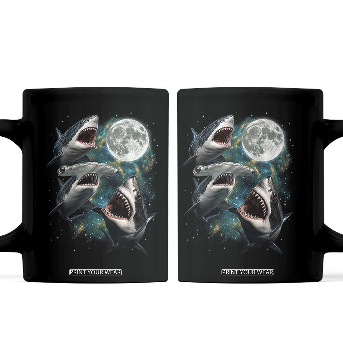 Funny Sharks Howling at Moon Coffee Mug Funny Great White Sharks and Hammerhead Shark TS11 Black Print Your Wear