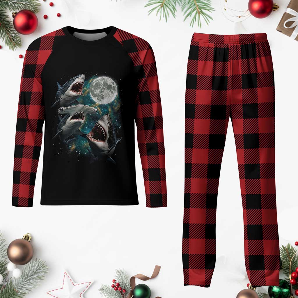 Funny Sharks Howling at Moon Plaid Pajama Set Funny Great White Sharks and Hammerhead Shark