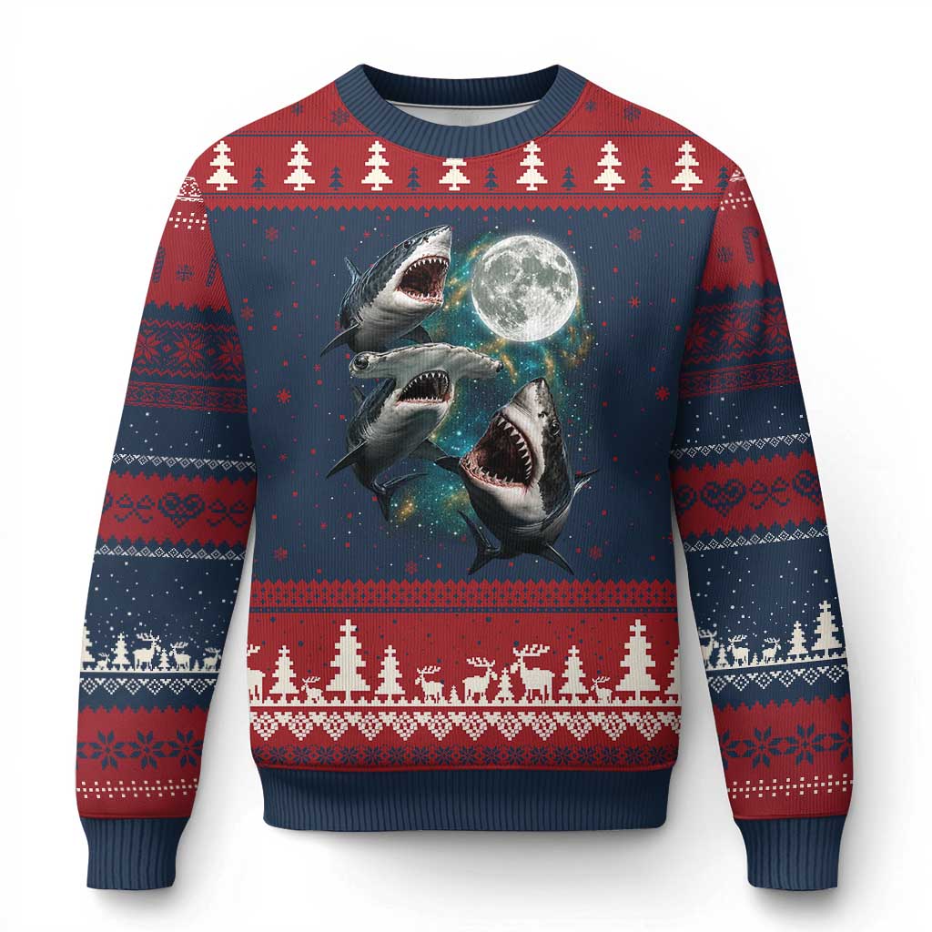 Funny Sharks Howling at Moon Ugly Christmas Sweater Funny Great White Sharks and Hammerhead Shark TS11 Navy Red Print Your Wear