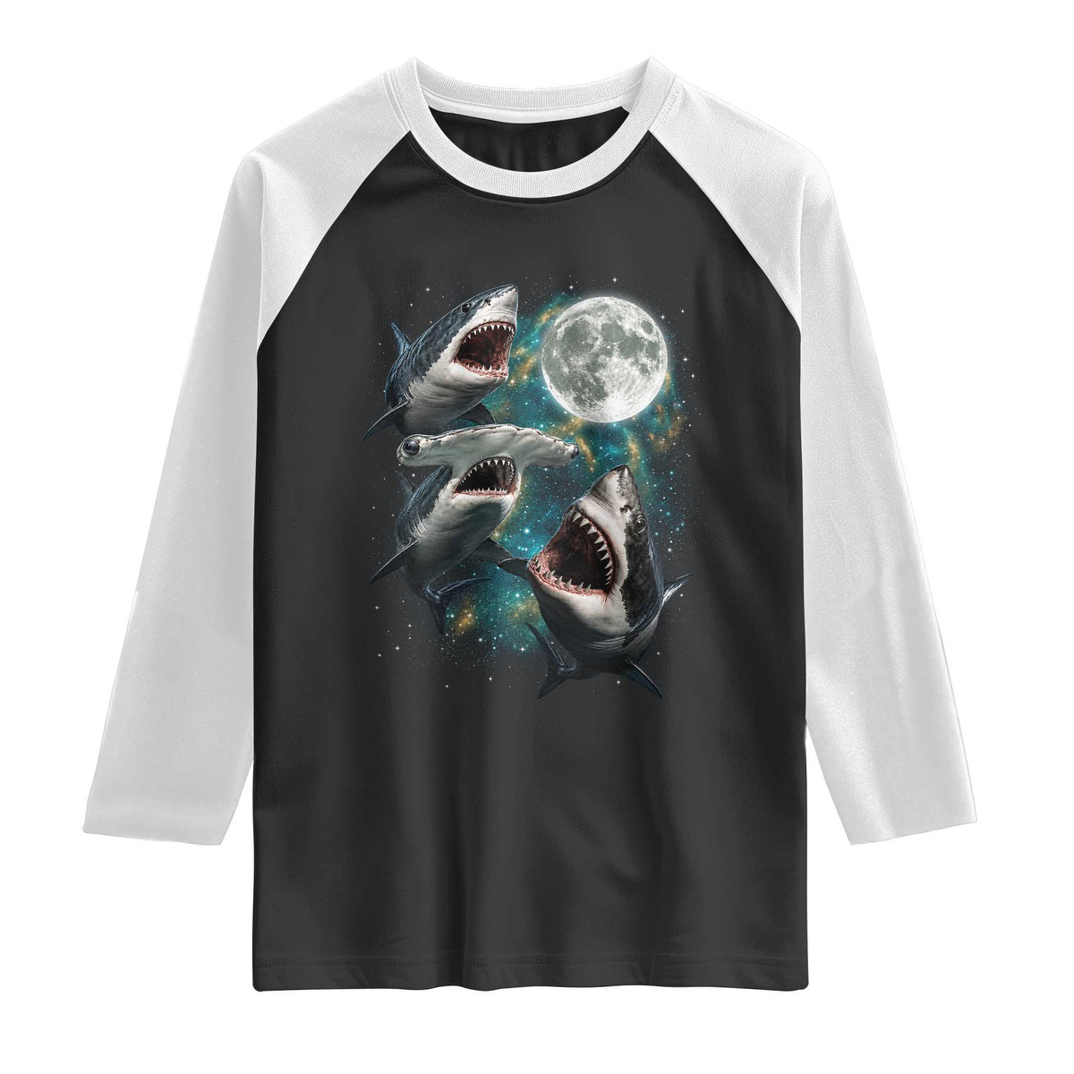 Funny Sharks Howling at Moon Raglan Shirt Funny Great White Sharks and Hammerhead Shark