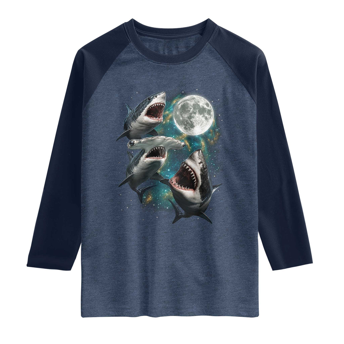 Funny Sharks Howling at Moon Raglan Shirt Funny Great White Sharks and Hammerhead Shark