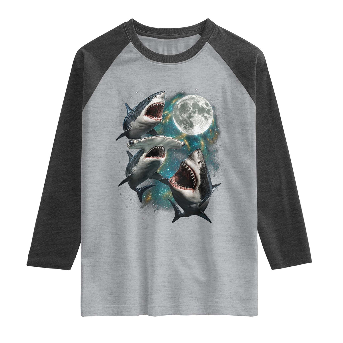 Funny Sharks Howling at Moon Raglan Shirt Funny Great White Sharks and Hammerhead Shark