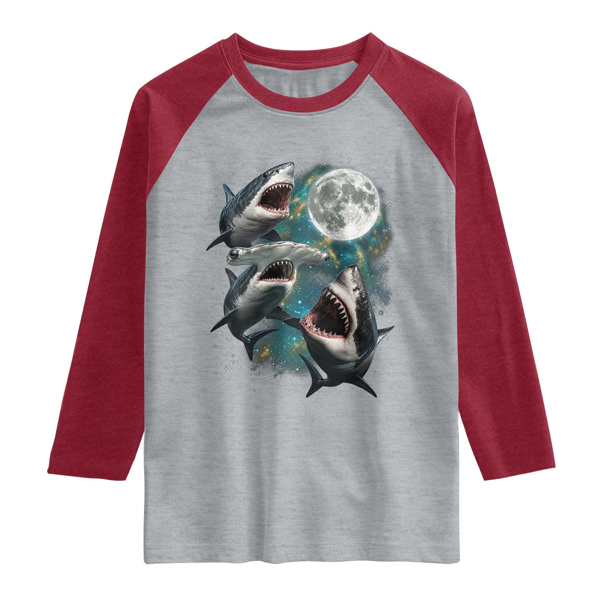 Funny Sharks Howling at Moon Raglan Shirt Funny Great White Sharks and Hammerhead Shark