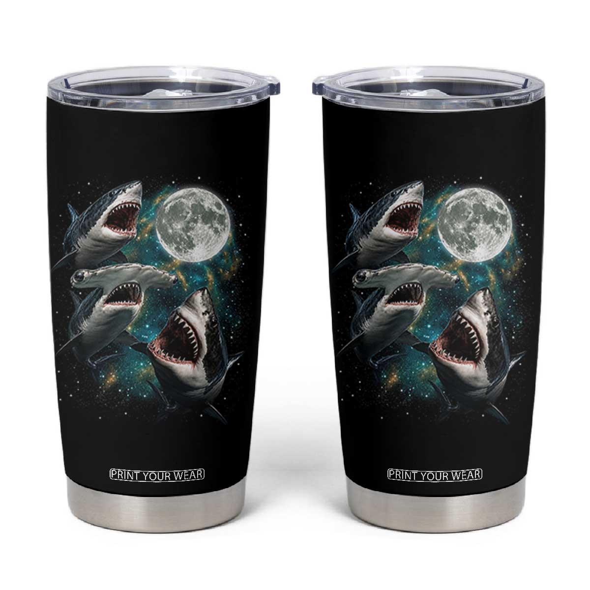 Funny Sharks Howling at Moon Tumbler Cup Funny Great White Sharks and Hammerhead Shark