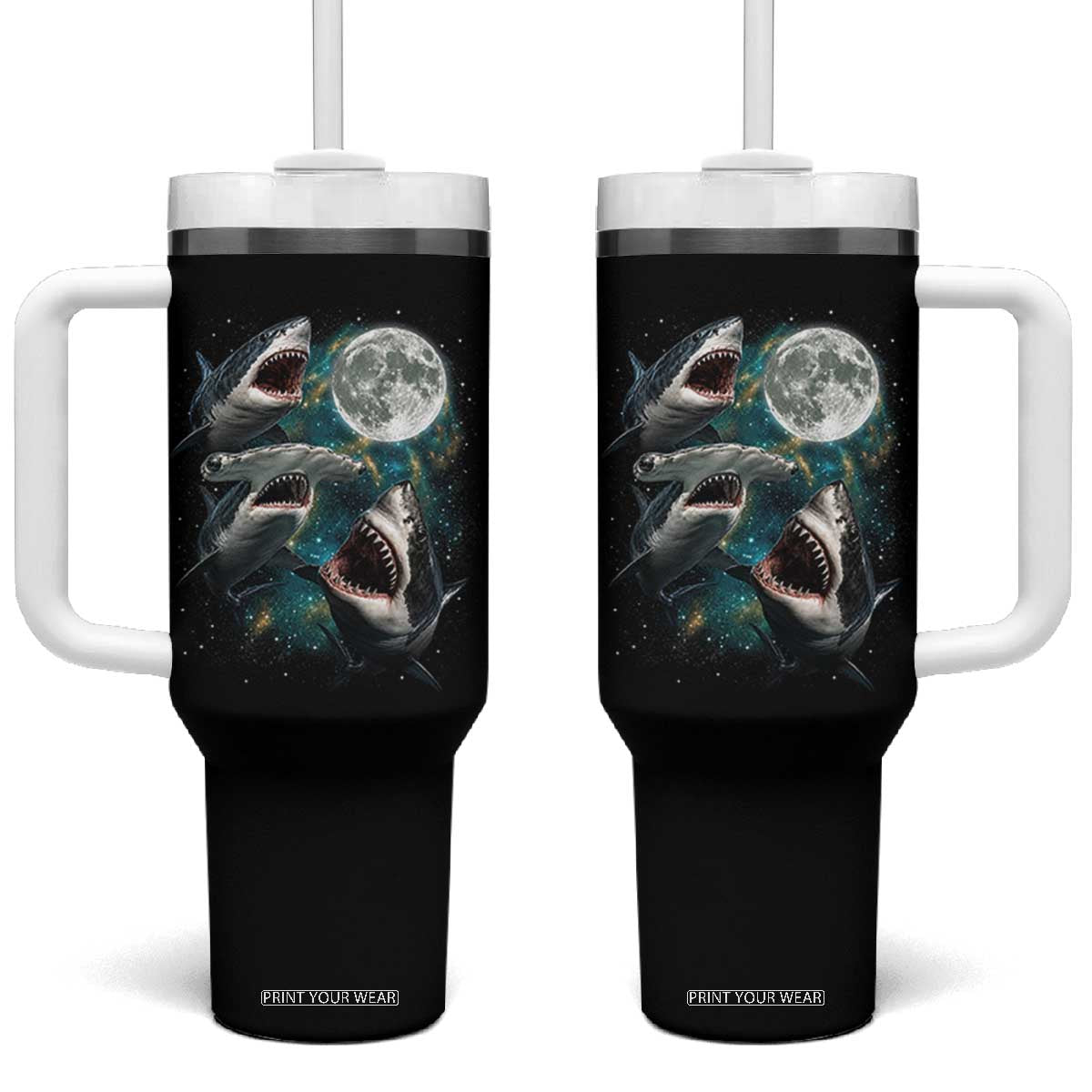 Funny Sharks Howling at Moon Tumbler With Handle Funny Great White Sharks and Hammerhead Shark TS11 One Size: 40 oz Black Print Your Wear