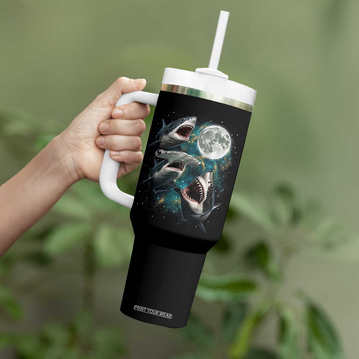 Funny Sharks Howling at Moon Tumbler With Handle Funny Great White Sharks and Hammerhead Shark