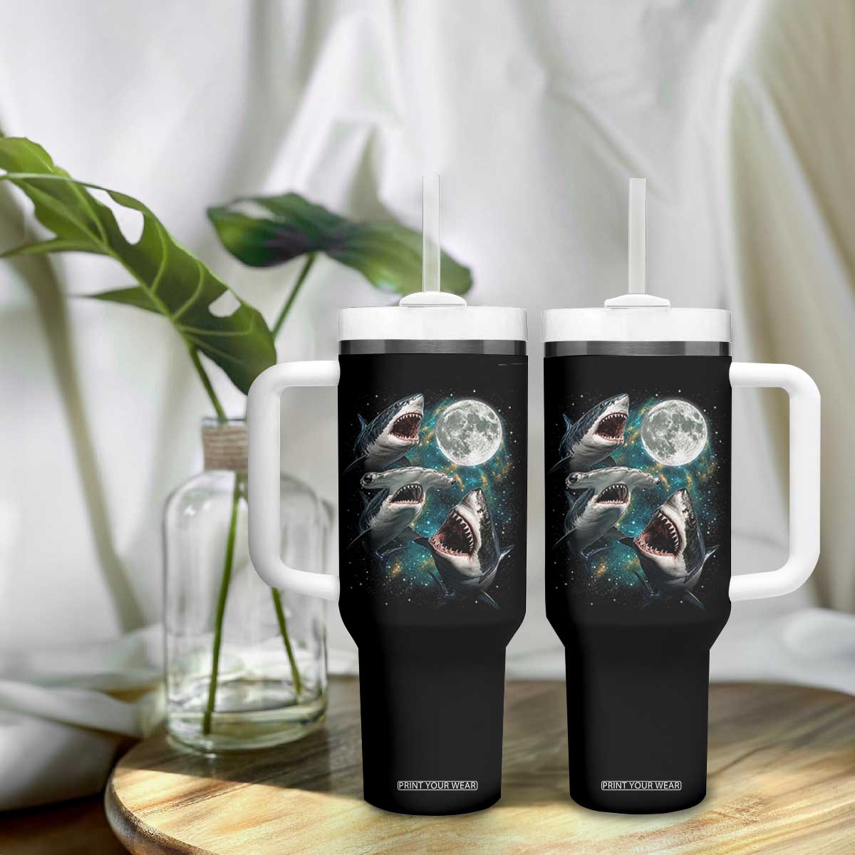 Funny Sharks Howling at Moon Tumbler With Handle Funny Great White Sharks and Hammerhead Shark