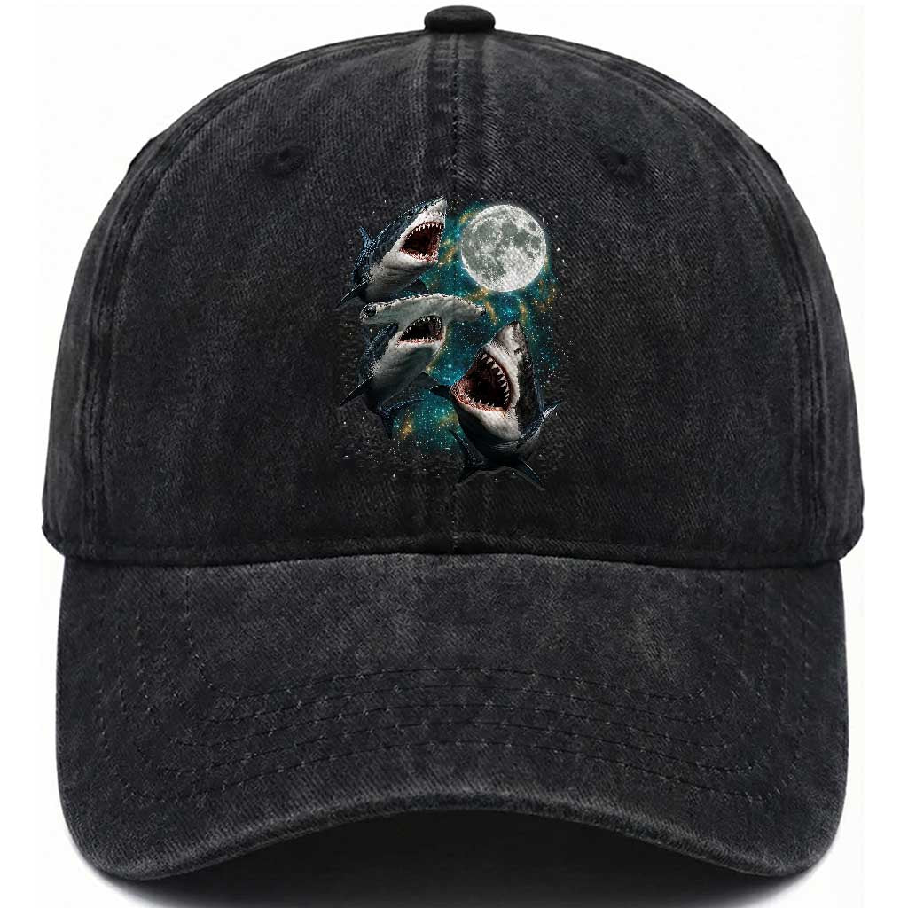 Funny Sharks Howling at Moon Washed Cotton Baseball Cap Funny Great White Sharks and Hammerhead Shark