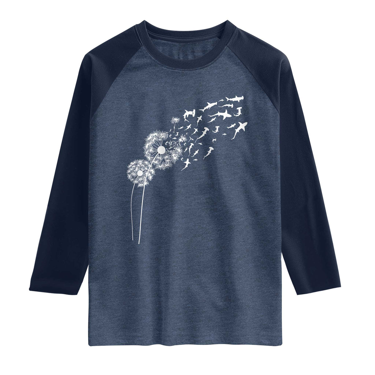 Shark Dandelion Flower for Ocean Wildlife Lover Raglan Shirt TS11 Heather Denim Navy Print Your Wear