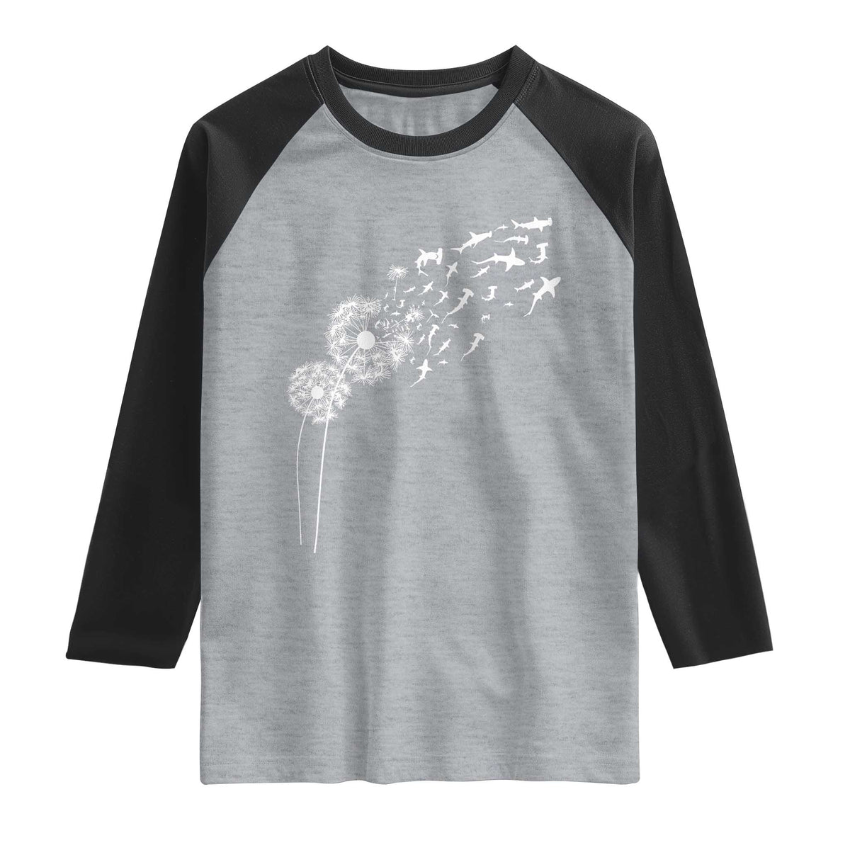 Shark Dandelion Flower for Ocean Wildlife Lover Raglan Shirt TS11 Heather Gray Black Print Your Wear