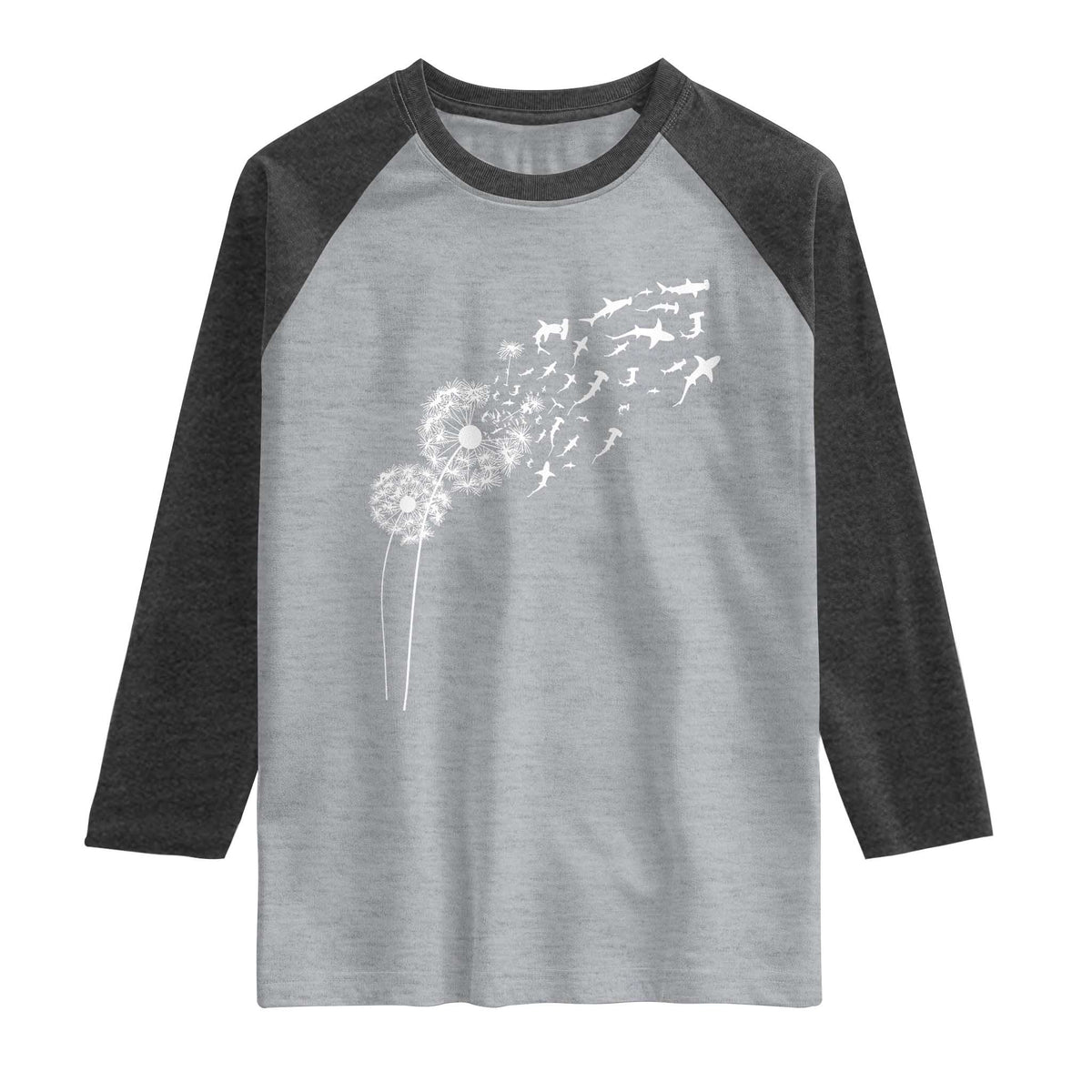 Shark Dandelion Flower for Ocean Wildlife Lover Raglan Shirt TS11 Heather Gray Heather Charcoal Print Your Wear