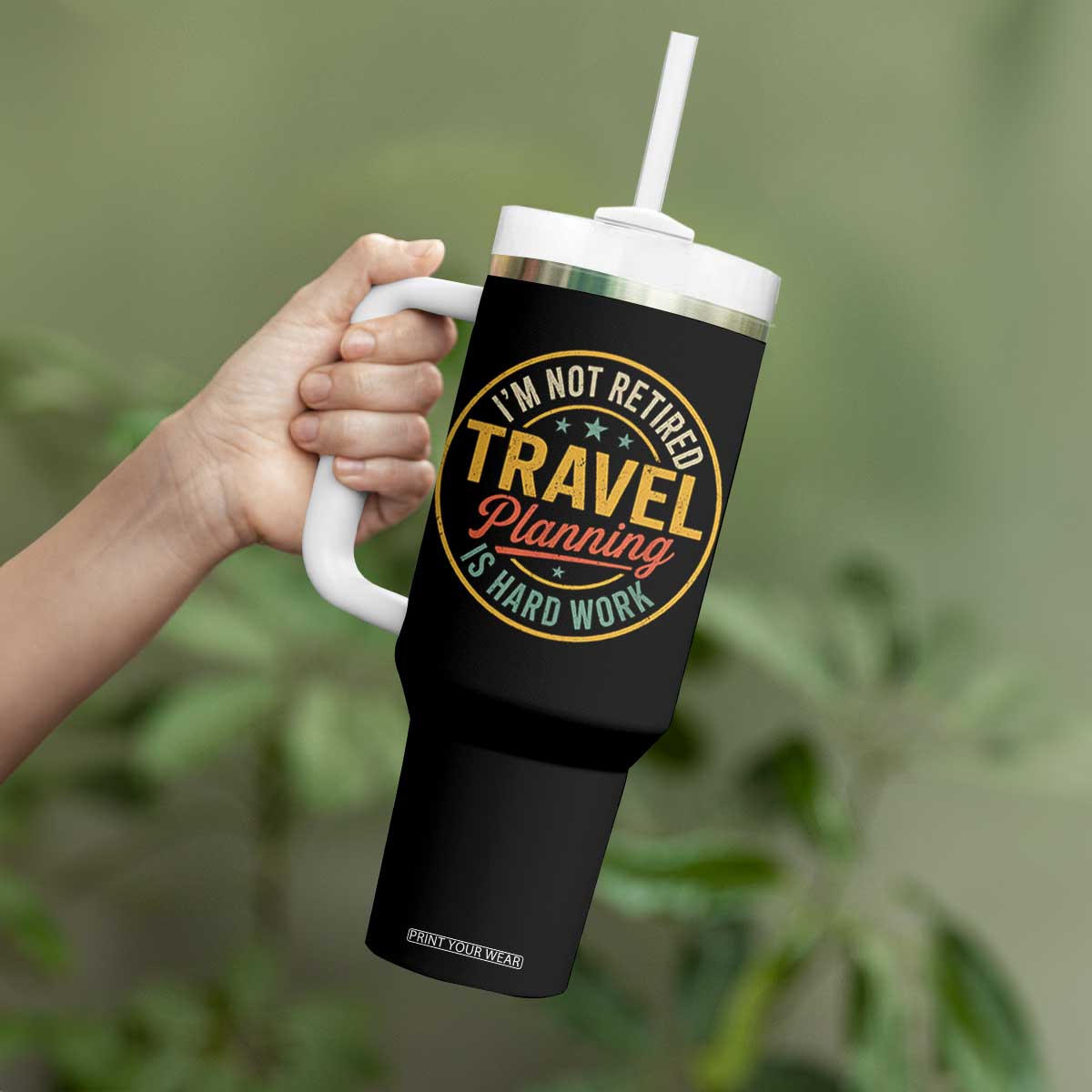 I'm Not Retired Travel Planning Is Hard Work Tumbler With Handle Funny Retirement Vacation Retro