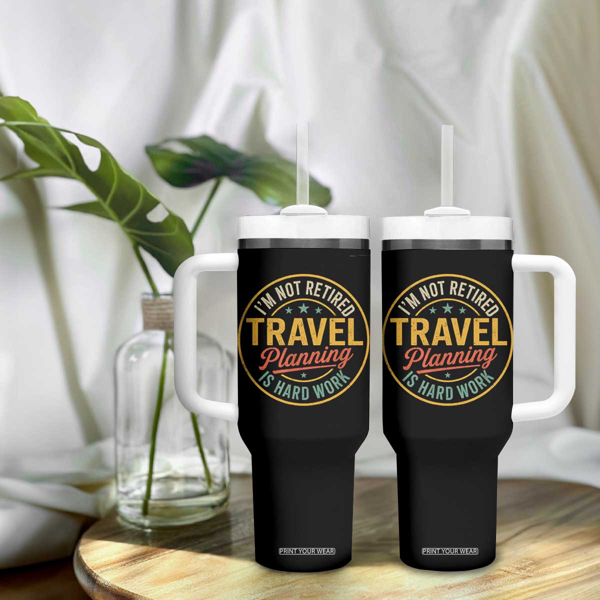 I'm Not Retired Travel Planning Is Hard Work Tumbler With Handle Funny Retirement Vacation Retro