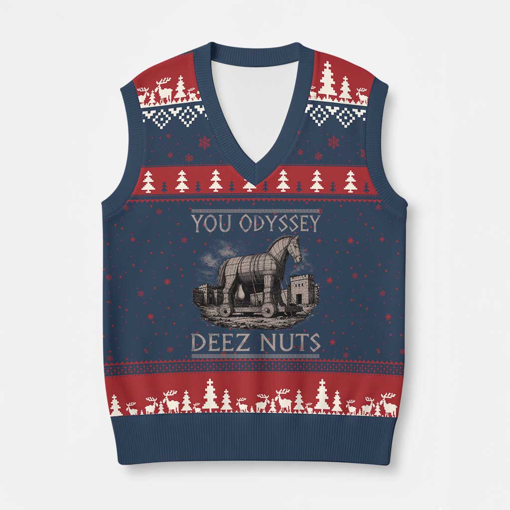 You Odyssey Deez Nuts Funny Trojan Horse V-Neck Knit Sweater Vest Inappropriate Adult Humor Ancient Greek TS11 Navy Red Print Your Wear