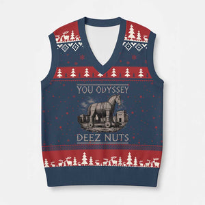 You Odyssey Deez Nuts Funny Trojan Horse V-Neck Knit Sweater Vest Inappropriate Adult Humor Ancient Greek TS11 Navy Red Print Your Wear