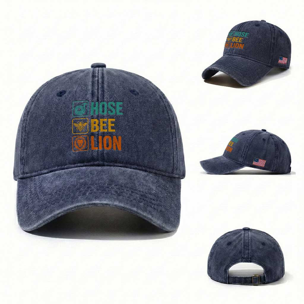 Hose Bee Lion Funny Meme Word Pun Retro Washed Cotton Baseball Cap
