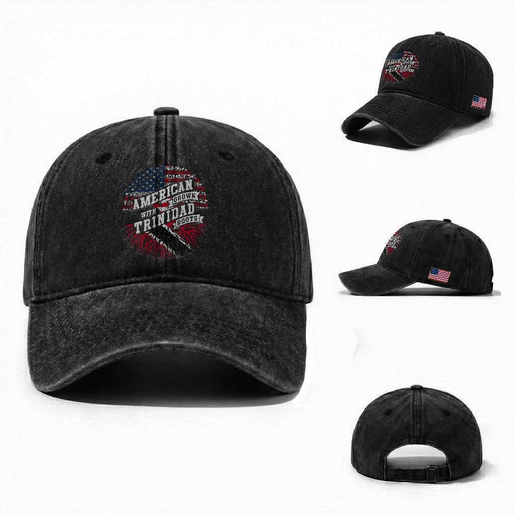American Grown WIth Trinidad Roots Washed Cotton Baseball Cap Proud Trinidadian and Tobagonian Americans
