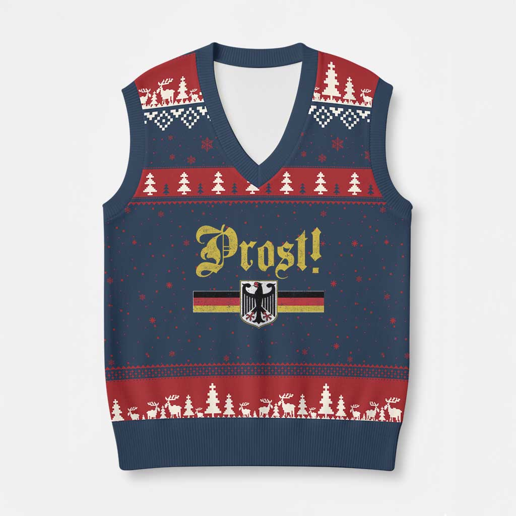 Prost Oktoberfest Beer Drinking V-Neck Knit Sweater Vest German Flag Bundesadler Coat of Arms