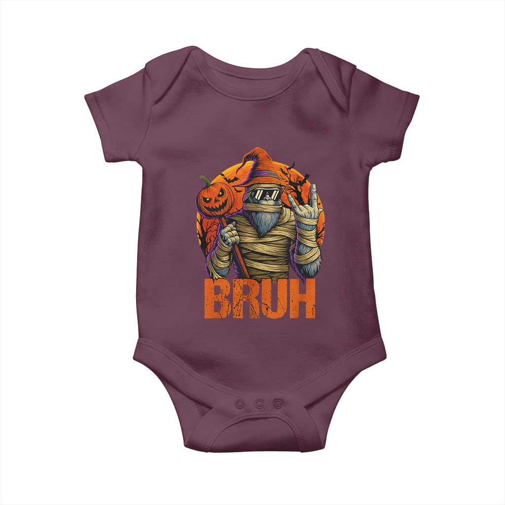 Funny Halloween Bigfoot Baby Onesie Bruh Spooky Mummy Sasquatch Jack O Lantern TS11 Maroon Print Your Wear
