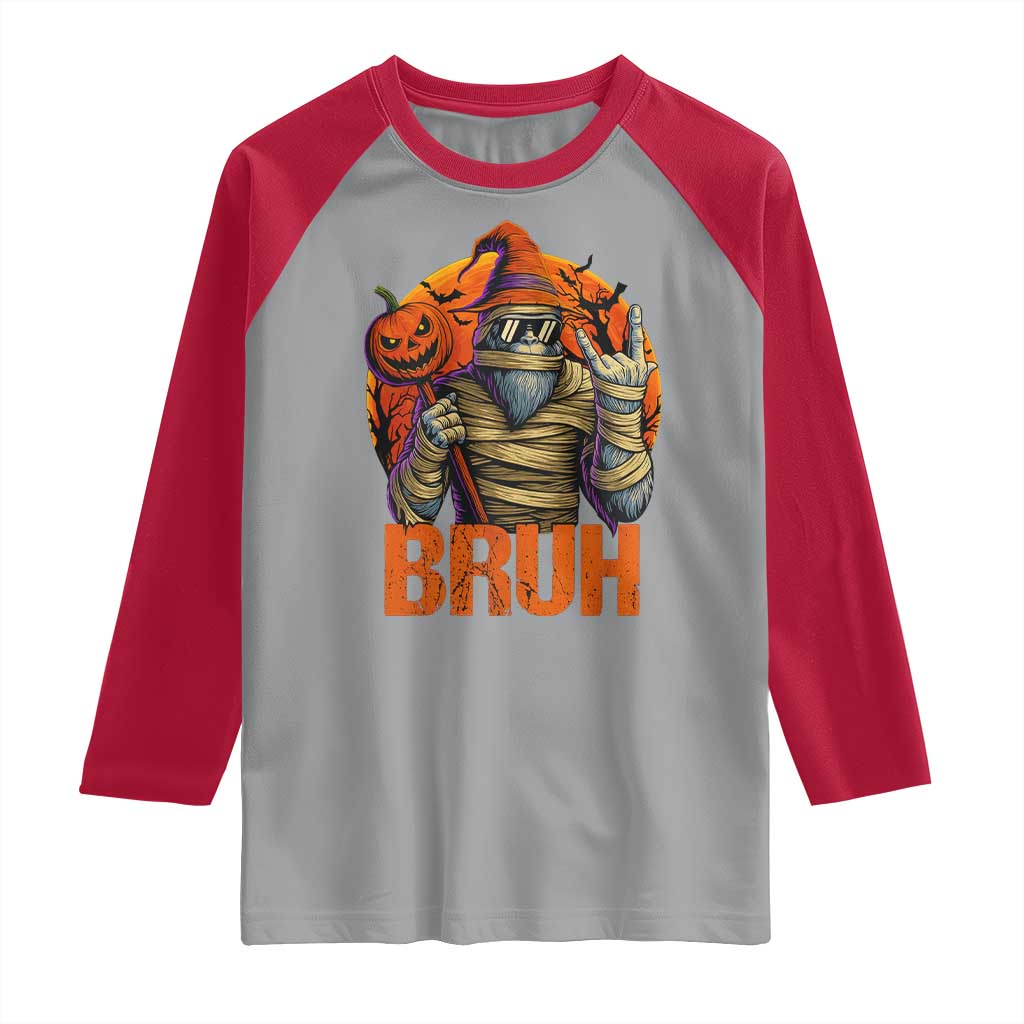 Funny Halloween Bigfoot Raglan Shirt Bruh Spooky Mummy Sasquatch Jack O Lantern TS11 Sport Gray Red Print Your Wear