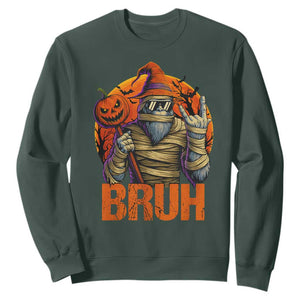 Funny Halloween Bigfoot Sweatshirt Bruh Spooky Mummy Sasquatch Jack O Lantern TS11 Dark Forest Green Print Your Wear