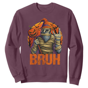 Funny Halloween Bigfoot Sweatshirt Bruh Spooky Mummy Sasquatch Jack O Lantern TS11 Maroon Print Your Wear